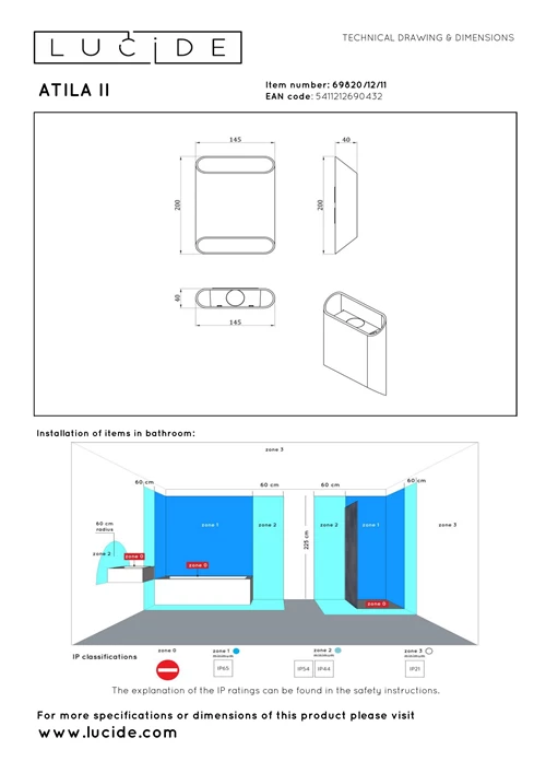 Lucide ATILA II - Wandleuchte Badezimmer - LED Dim. - CCT - 2x5W 2200K/3000K - IP54 - Chrom - Essential - technisch